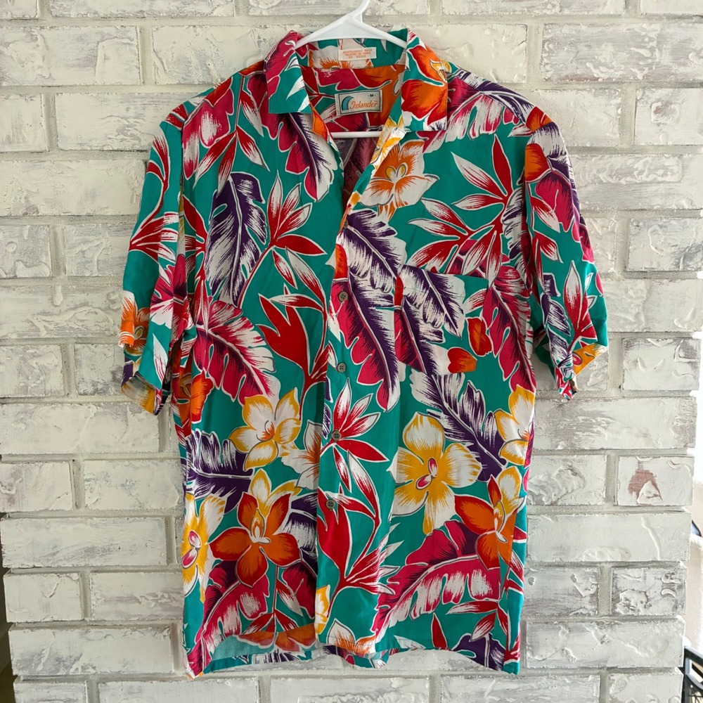 Vintage 80s Islander Hawaiian Shirt Mens M Rayon Tropical Floral Korea Teal